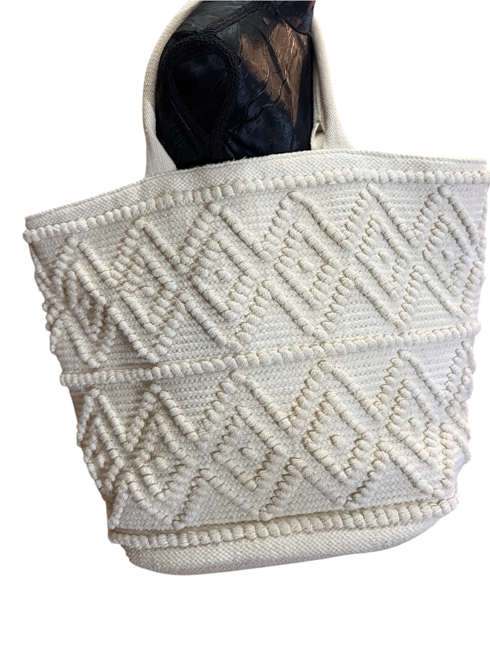 Boho Cream Woven Tote Bag Large Textured Cotton Beach Bag Tribal Pattern Lined